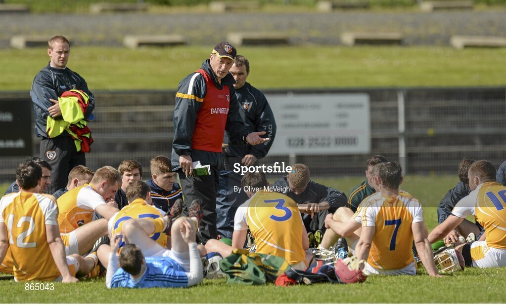 11 May 2014; Kevin Ryan, Antrim manager speaks to his players after the game. GAA All-Ireland Senior Hurling Championship Qualifier Group, Round 3, Antrim v London, Ballycastle, Co. Antrim.. Picture credit: Oliver McVeigh / SPORTSFILE