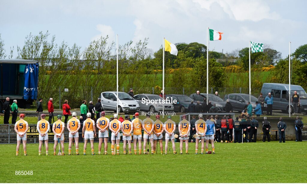 11 May 2014; The Antrim team stand facing the flag for the National Anthem. GAA All-Ireland Senior Hurling Championship Qualifier Group, Round 3, Antrim v London, Ballycastle, Co. Antrim. Picture credit: Oliver McVeigh / SPORTSFILE