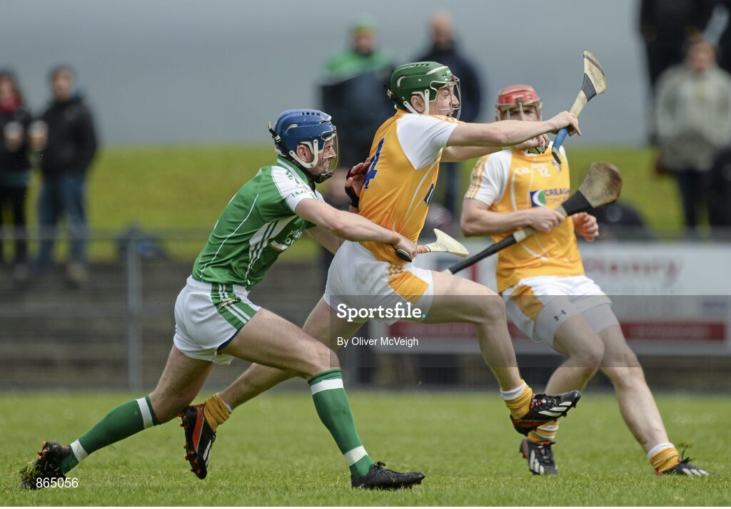 11 May 2014; Paul Shiels, Antrim, in action against Christopher McAlinden, London. GAA All-Ireland Senior Hurling Championship Qualifier Group, Round 3, Antrim v London, Ballycastle, Co. Antrim. Picture credit: Oliver McVeigh / SPORTSFILE