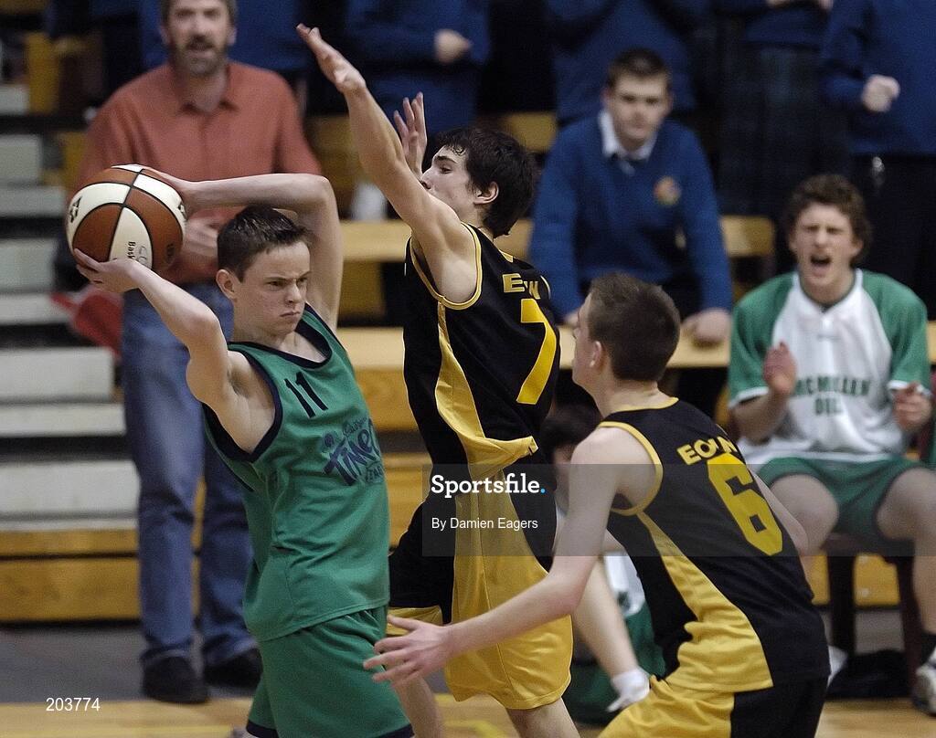 13 March 2006; Darragh NcMenamin, St. Aidans Cootehill in action against Cochur O'Leathlobhair, (7), and Colm O'Gairbhith, Colaiste Eoin. Schools League Basketball Finals, Boys U16B Final, Colaiste Eoin v St. Aidans Cootehill, National Basketball Arena, Tallaght, Dublin. Picture credit: Damien Eagers / SPORTSFILE