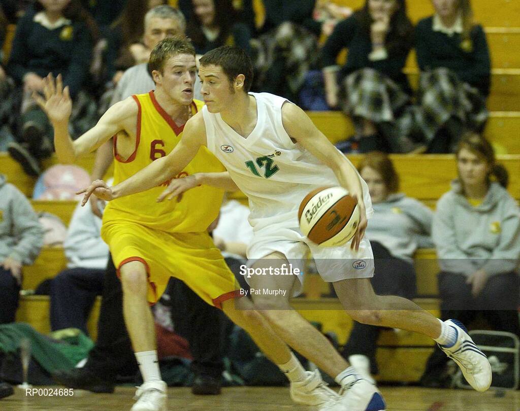14 March 2006; Barry Cullen, Colaiste Eanna, in action against Darren O'Moore, St. Fintan's. Schools League Basketball Finals, Boys U19A Final, St. Fintan's v Colaiste Eanna, National Basketball Arena, Tallaght, Dublin. Picture credit: Pat Murphy / SPORTSFILE