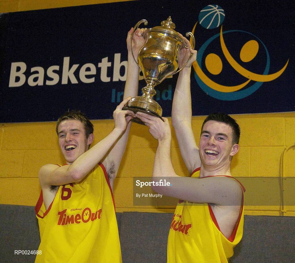 14 March 2006; Darren O'Moore, left, and Michael Chubb, St. Fintan's, lift the cup. Schools League Basketball Finals, Boys U19A Final, St. Fintan's v Colaiste Eanna, National Basketball Arena, Tallaght, Dublin. Picture credit: Pat Murphy / SPORTSFILE