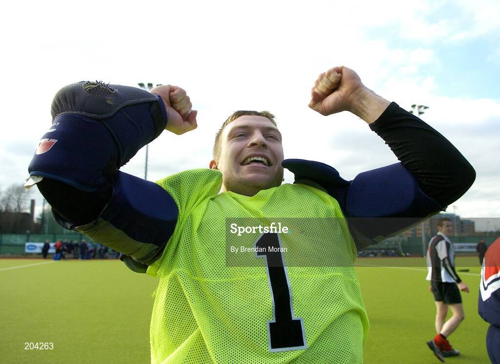 19 March 2006; Cork Harlequins goalkeeper Wesley Bateman celebrates after the game. Irish Men's Senior Cup Final, Cork Harlequins v Lisnagarvey, Belfield, UCD, Dublin. Picture credit: Brendan Moran / SPORTSFILE