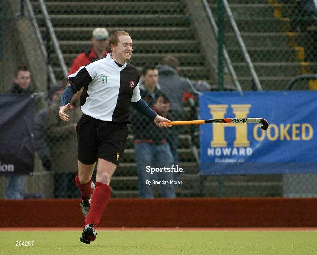 19 March 2006; Paul Lombard, Cork Harlequins, celebrates scoring his side's second goal. Irish Men's Senior Cup Final, Cork Harlequins v Lisnagarvey, Belfield, UCD, Dublin. Picture credit: Brendan Moran / SPORTSFILE