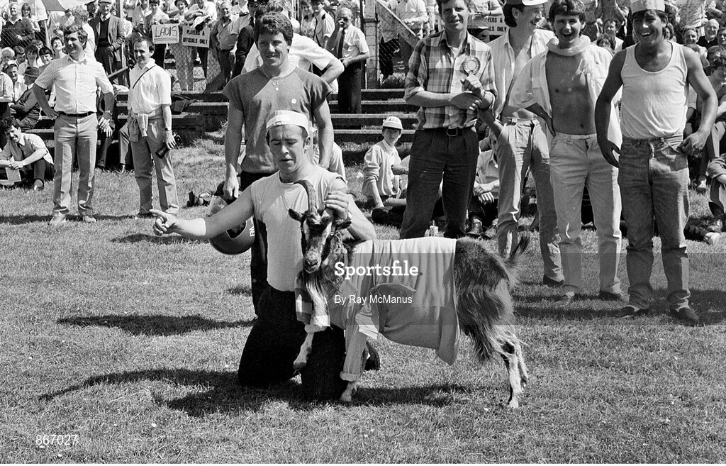 15 June 1986; Fans with a goat on the pitch before the game, Wicklow v Laois, County Park, Aughrim, Co. Wicklow. Picture credit; Ray McManus / SPORTSFILE