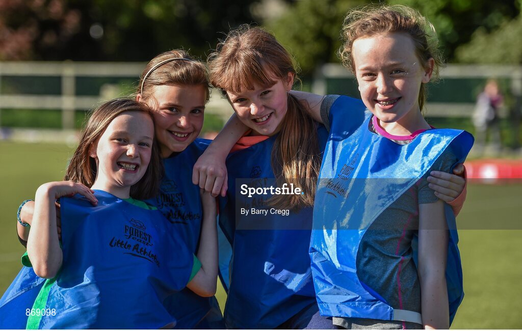 21 May 2014; Alice Martin, left, age 9, Olivia Cosgrave age 9, Georgie Collins age 10 and Romy Ryan age 11, all from Raheny, Dublin, in attendance at a Forest Feast Little Athletics Jamboree. Manor House School, Raheny, Dublin. Picture credit: Barry Cregg / SPORTSFILE
