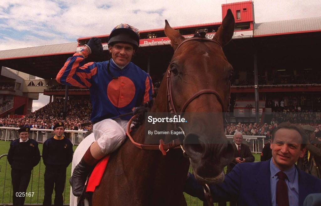 27 June 1999; Jockey Cash Asmussen celebrates on Montjeu after winning the 1999 Budweiser Irish Derby at The Curragh Racecourse in Newbridge, Kildare. Photo by Damien Eagers/Sportsfile