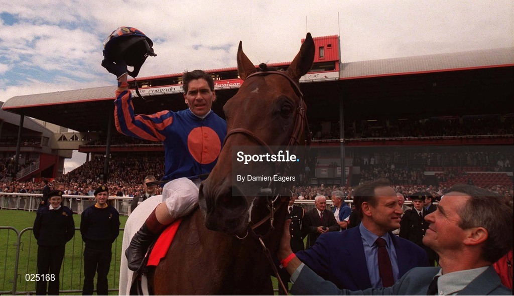 27 June 1999; Jockey Cash Asmussen celebrates on Montjeu after winning the 1999 Budweiser Irish Derby at The Curragh Racecourse in Newbridge, Kildare. Photo by Damien Eagers/Sportsfile
