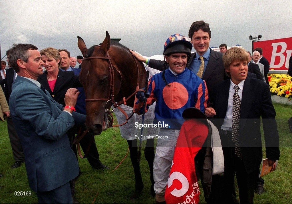 27 June 1999; Jockey Cash Asmussen, trainer John Hammond and winning connections celebrate after sending out Montjeu to win the 1999 Budweiser Irish Derby at The Curragh Racecourse in Newbridge, Kildare. Photo by Damien Eagers/Sportsfile