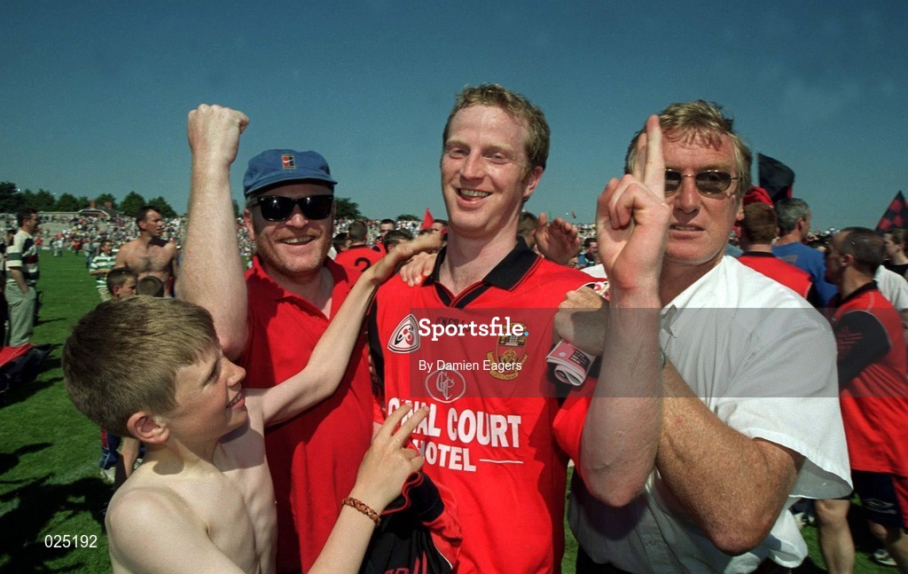 11 July 1999; Goalscorer Ciaran McCabe of Down celebrates with supporters following the Ulster Senior Football Championship Semi-Final match between Down and Tyrone at Casement Park in Belfast. Photo by Damien Eagers/Sportsfile