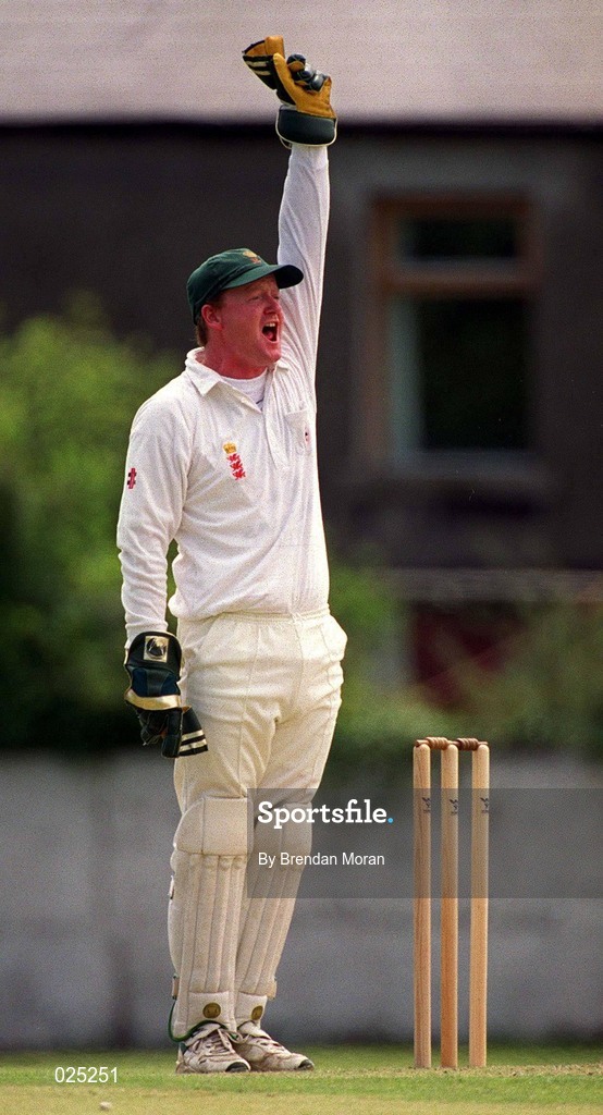 30 June 1990; Roger Clitheroe of Wales celebrates the wicket of John Davy of Ireland during the Triple Crown Tournament match between Ireland and Wales at Leinster Cricket Club in Dublin. Photo by Brendan Moran/Sportsfile