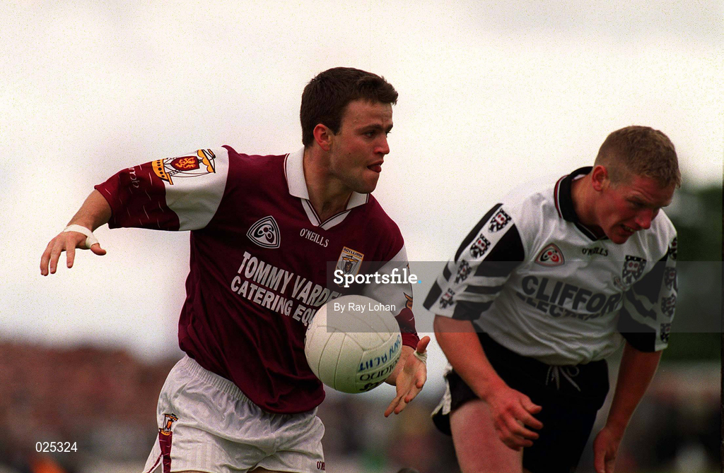 27 June 1999; Derek Savage of Galway in action against Mark Cosgrave of Sligo during the Connacht Senior Football Championship Semi-Final match between Sligo and Galway at Markievicz Park in Sligo. Photo by Ray Lohan/Sportsfile