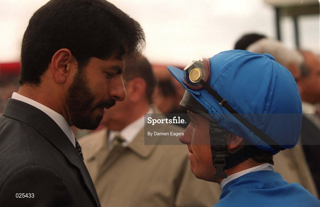 27 July 1999; Trainer Saeed Bin Suroor speaks with jockey Frankie Dettori at The Curragh Racecourse in Newbridge, Kildare. Photo by Damien Eagers/Sportsfile