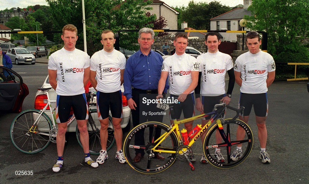 20 May 1999; The Kildare Cycling team, from left, Padraig Marrey, Andrew Meehan, team manager Tom Kiernan, team captain Derry Mcveigh, Mark Keenan and John Carroll prior to racing on Stage 6 of the FBD Milk Rás in Donegal Town in Donegal. Photo by Sportsfile