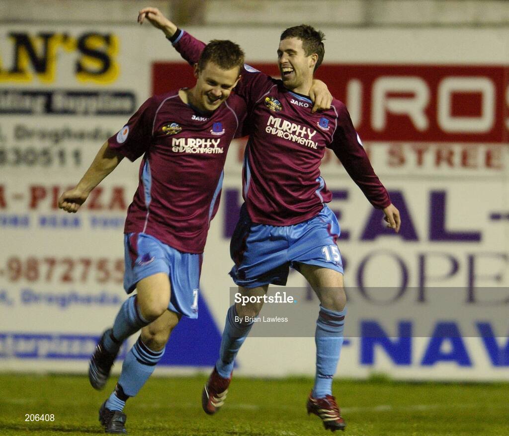 14 April 2006; Stephen Bradley, right, Drogheda United, celebrates with team-mate Shane Robinson after scoring his side's first goal. eircom League, Premier Division, Drogheda United v UCD, United Park, Drogheda, Co. Louth. Picture credit: Brian Lawless / SPORTSFILE