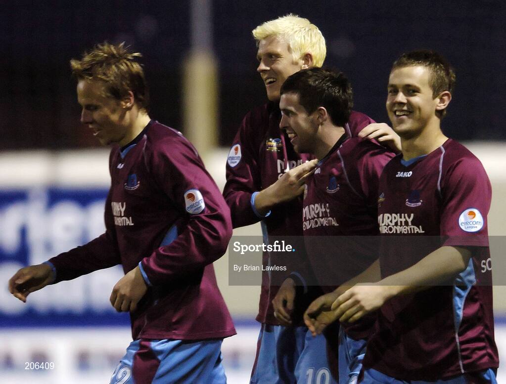 14 April 2006; Stephen Bradley, second from right, Drogheda United, celebrates with team-mates Shane Robinson, right, Sami Ristila, left, and Glen Fitzpatrick, after scoring his side's first goal. eircom League, Premier Division, Drogheda United v UCD, United Park, Drogheda, Co. Louth. Picture credit: Brian Lawless / SPORTSFILE
