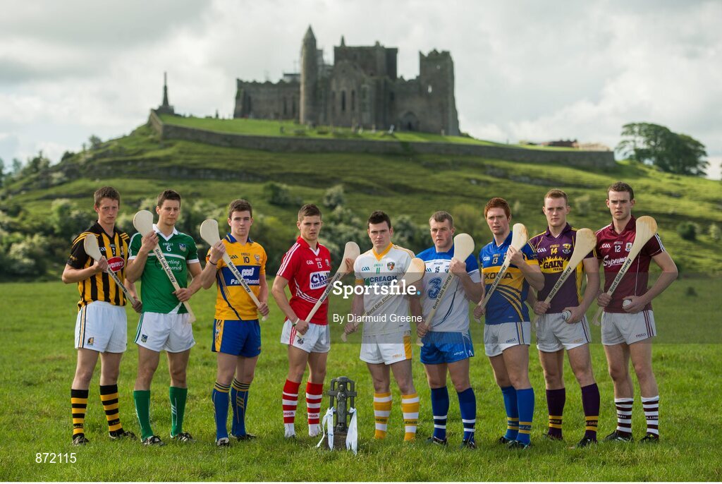 27 May 2014; U-21 hurling stars, from left to right, Tom Aylward, Kilkenny, Dan Morrissey, Limerick, Tony Kelly, Clare, Alan Cadogan, Cork, Stephen McAfee, Antrim, Jake Dillon, Waterford, Jason Forde, Tipperary, Jack Guiney, Wexford, and Johnny Glynn, Galway, pictured at the launch of the 2014 Bord Gáis Energy GAA Hurling U-21 All-Ireland Championship at the Rock of Cashel. The Championship gets under way tonight, Wednesday, 28th May when Dublin face Laois in Parnell Park at 7.30pm. For all the latest Championship news, fixtures and results visit www.BGEu21.ie. Rock of Cashel, Cashel, Co. Tipperary. Picture credit: Diarmuid Greene / SPORTSFILE