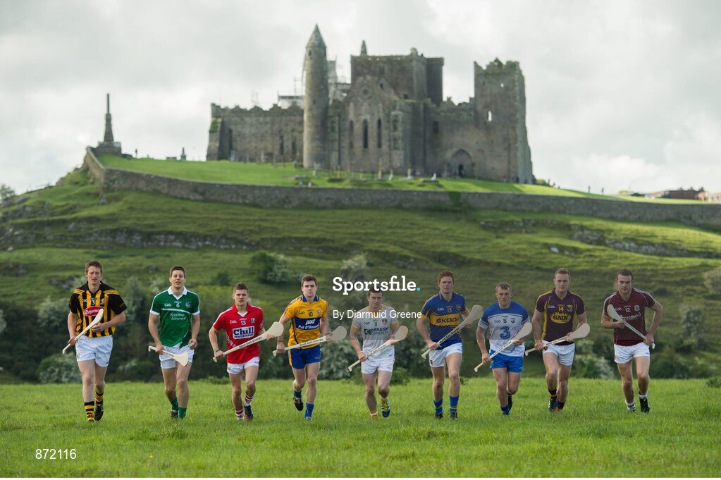 27 May 2014; U-21 hurling stars, from left to right, Tom Aylward, Kilkenny, Dan Morrissey, Limerick, Tony Kelly, Clare, Alan Cadogan, Cork, Stephen McAfee, Antrim, Jake Dillon, Waterford, Jason Forde, Tipperary, Jack Guiney, Wexford, and Johnny Glynn, Galway, pictured at the launch of the 2014 Bord Gáis Energy GAA Hurling U-21 All-Ireland Championship at the Rock of Cashel. The Championship gets under way tonight, Wednesday, 28th May when Dublin face Laois in Parnell Park at 7.30pm. For all the latest Championship news, fixtures and results visit www.BGEu21.ie. Rock of Cashel, Cashel, Co. Tipperary. Picture credit: Diarmuid Greene / SPORTSFILE