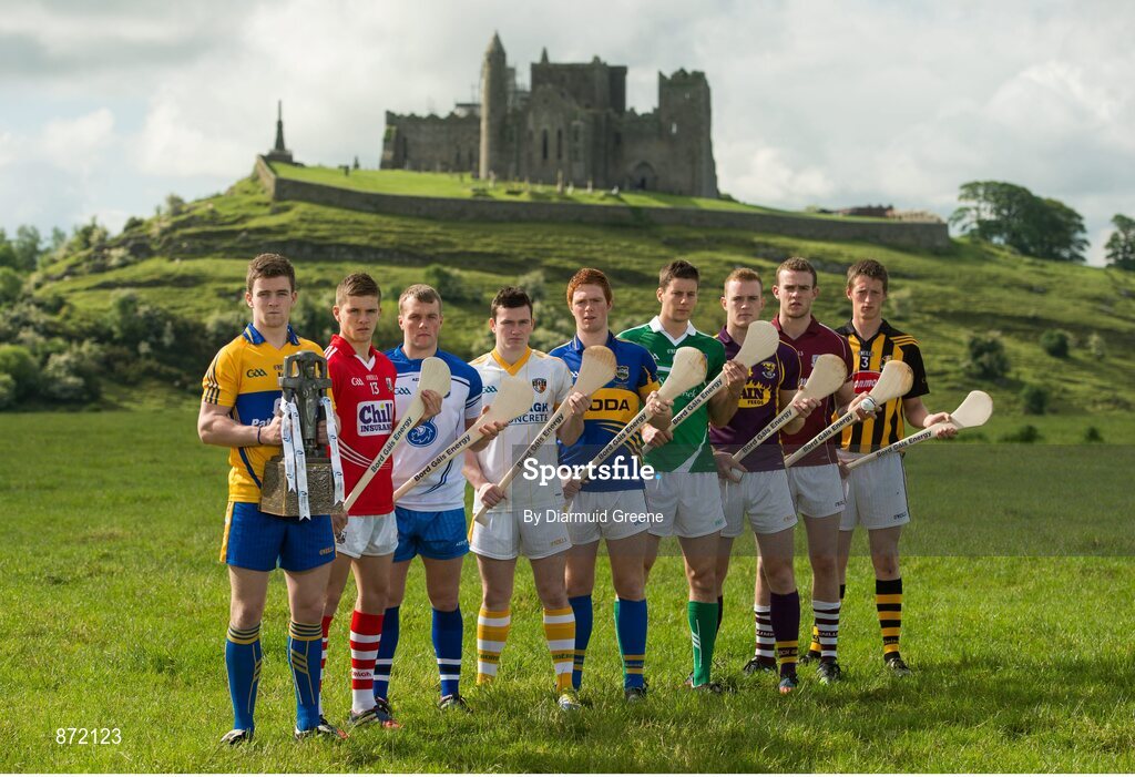 27 May 2014; U-21 hurling stars, from left to right, Tony Kelly, Clare, Alan Cadogan, Cork, Jake Dillon, Waterford, Stephen McAfee, Antrim, Jason Forde, Tipperary, Dan Morrissey, Limerick, Jack Guiney, Wexford, Johnny Glynn, Galway, and Tom Aylward, Kilkenny, pictured at the launch of the 2014 Bord Gáis Energy GAA Hurling U-21 All-Ireland Championship at the Rock of Cashel. The Championship gets under way tonight, Wednesday, 28th May when Dublin face Laois in Parnell Park at 7.30pm. For all the latest Championship news, fixtures and results visit www.BGEu21.ie. Rock of Cashel, Cashel, Co. Tipperary. Picture credit: Diarmuid Greene / SPORTSFILE