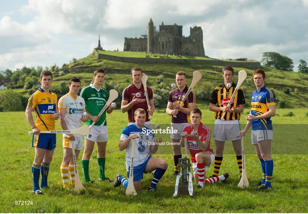 27 May 2014; U-21 hurling stars, from left to right, Tony Kelly, Clare, Stephen McAfee, Antrim, Dan Morrissey Limerick, Johnny Glynn, Galway, Jake Dillon, Waterford, Jack Guiney, Wexford, Alan Cadogan, Cork, Tom Aylward, Kilkenny, and Jason Forde, Tipperary, pictured at the launch of the 2014 Bord Gáis Energy GAA Hurling U-21 All-Ireland Championship at the Rock of Cashel. The Championship gets under way tonight, Wednesday, 28th May when Dublin face Laois in Parnell Park at 7.30pm. For all the latest Championship news, fixtures and results visit www.BGEu21.ie. Rock of Cashel, Cashel, Co. Tipperary. Picture credit: Diarmuid Greene / SPORTSFILE