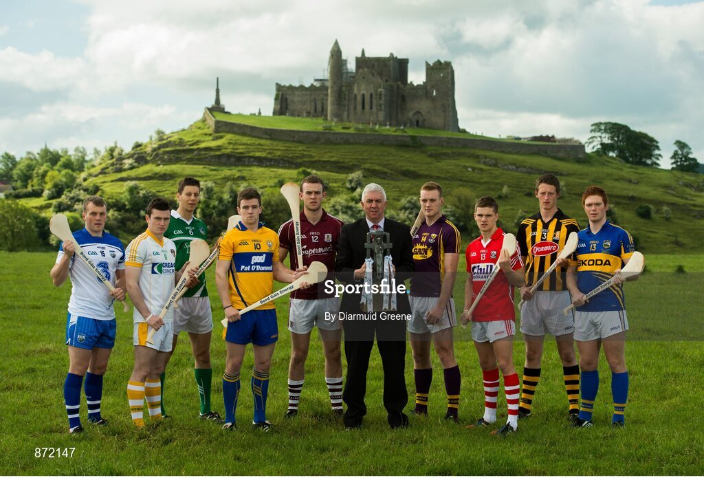 27 May 2014;  U-21 hurling stars pictured with Ger Cunningham, Bord Gáis Energy Sports Ambassador, from left to right, Jake Dillon, Waterford, Stephen McAfee, Antrim, Dan Morrissey, Limerick, Tony Kelly, Clare, Johnny Glynn, Galway, Jack Guiney, Wexford, Alan Cadogan, Cork, Tom Aylward, Kilkenny, and Jason Forde, Tipperary at the launch of the 2014 Bord Gáis Energy GAA Hurling U-21 All-Ireland Championship at the Rock of Cashel. The Championship gets under way tonight, Wednesday, 28th May when Dublin face Laois in Parnell Park at 7.30pm. For all the latest Championship news, fixtures and results visit www.BGEu21.ie. Rock of Cashel, Cashel, Co. Tipperary. Picture credit: Diarmuid Greene / SPORTSFILE