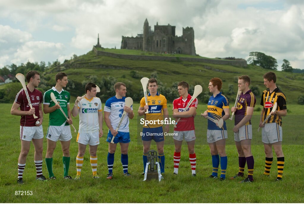 27 May 2014;  U-21 hurling stars, from left to right, Johnny Glynn, Galway, Dan Morrissey, Limerick, Stephen McAfee, Antrim, Jake Dillon, Waterford, Tony Kelly, Clare, Alan Cadogan, Cork, Alan Cadogan, Cork, Jason Forde, Tipperary, Jack Guiney, Wexford, and Tom Aylward, Kilkennym at the launch of the 2014 Bord Gáis Energy GAA Hurling U-21 All-Ireland Championship at the Rock of Cashel. The Championship gets under way tonight, Wednesday, 28th May when Dublin face Laois in Parnell Park at 7.30pm. For all the latest Championship news, fixtures and results visit www.BGEu21.ie. Rock of Cashel, Cashel, Co. Tipperary. Picture credit: Diarmuid Greene / SPORTSFILE
