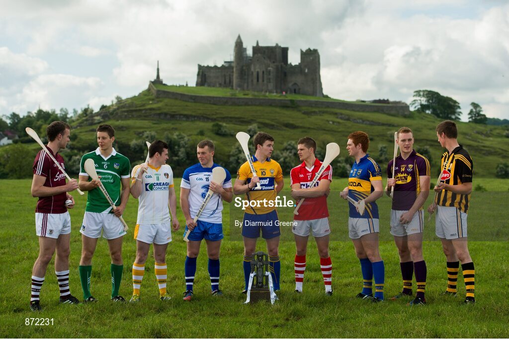 27 May 2014;  U-21 hurling stars, from left to right, Johnny Glynn, Galway, Dan Morrissey, Limerick, Stephen McAfee, Antrim, Jake Dillon, Waterford, Tony Kelly, Clare, Alan Cadogan, Cork, Alan Cadogan, Cork, Jason Forde, Tipperary, Jack Guiney, Wexford, and Tom Aylward, Kilkennym at the launch of the 2014 Bord Gáis Energy GAA Hurling U-21 All-Ireland Championship at the Rock of Cashel. The Championship gets under way tonight, Wednesday, 28th May when Dublin face Laois in Parnell Park at 7.30pm. For all the latest Championship news, fixtures and results visit www.BGEu21.ie. Rock of Cashel, Cashel, Co. Tipperary. Picture credit: Diarmuid Greene / SPORTSFILE