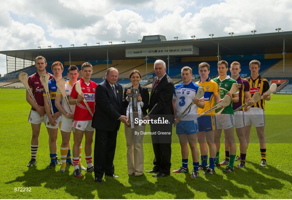 27 May 2014; U-21 hurling stars, from left to right, Johnny Glynn, Galway, Jason Forde, Tipperary, Stephen McAfee, Antrim, Alan Cadogan, Cork, Jake Dillon, Waterford, Tony Kelly, Clare, Dan Morrissey, Limerick, Jack Guiney, Wexford, and Tom Aylward, Kilkenny, pictured with Uachtarán Chumann Lúthchleas Gael Liam Ó Néill, Irene Gowing, Bord Gais Energy Sponsorship Manager, and Ger Cunningham, Bord Gais Energy Sports Ambassador, at the launch of the 2014 Bord Gáis Energy GAA Hurling U-21 All-Ireland Championship at Semple Stadium. The Championship gets under way tonight, Wednesday, 28th May when Dublin face Laois in Parnell Park at 7.30pm. For all the latest Championship news, fixtures and results visit www.BGEu21.ie. Semple Stadium, Co. Tipperary. Picture credit: Diarmuid Greene / SPORTSFILE