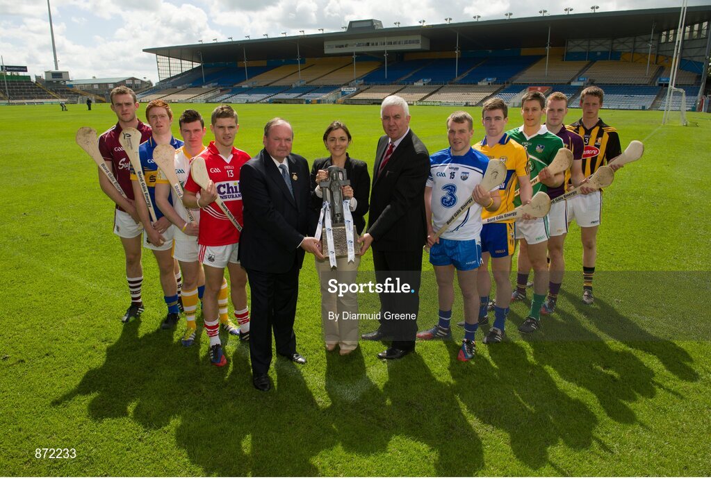 27 May 2014; U-21 hurling stars, from left to right, Johnny Glynn, Galway, Jason Forde, Tipperary, Stephen McAfee, Antrim, Alan Cadogan, Cork, Jake Dillon, Waterford, Tony Kelly, Clare, Dan Morrissey, Limerick, Jack Guiney, Wexford, and Tom Aylward, Kilkenny, pictured with Uachtarán Chumann Lúthchleas Gael Liam Ó Néill, Irene Gowing, Bord Gais Energy Sponsorship Manager, and Ger Cunningham, Bord Gais Energy Sports Ambassador, at the launch of the 2014 Bord Gáis Energy GAA Hurling U-21 All-Ireland Championship at Semple Stadium. The Championship gets under way tonight, Wednesday, 28th May when Dublin face Laois in Parnell Park at 7.30pm. For all the latest Championship news, fixtures and results visit www.BGEu21.ie. Semple Stadium, Co. Tipperary. Picture credit: Diarmuid Greene / SPORTSFILE