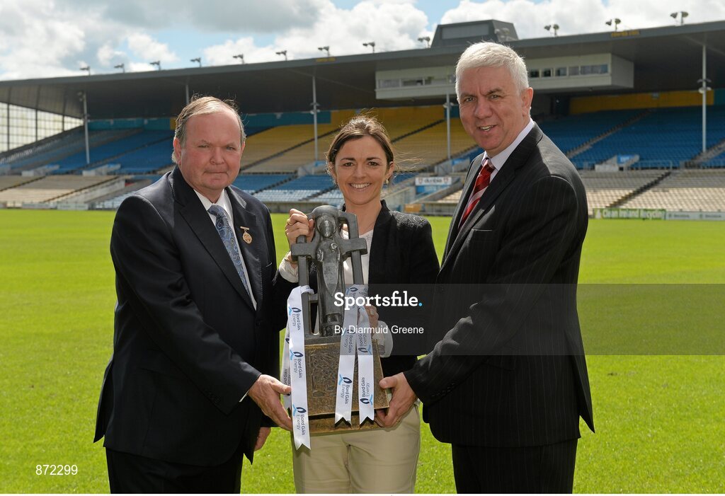 27 May 2014; At the launch of the 2014 Bord Gáis Energy GAA Hurling U-21 All-Ireland Championship are, from left to right, Uachtarán Chumann Lúthchleas Gael Liam Ó Néill, Irene Gowing, Bord Gais Energy Sponsorship Manager, and Ger Cunningham, Bord Gais Energy Sports Ambassador. The Championship gets under way tonight, Wednesday, 28th May when Dublin face Laois in Parnell Park at 7.30pm. For all the latest Championship news, fixtures and results visit www.BGEu21.ie. Semple Stadium, Co. Tipperary. Picture credit: Diarmuid Greene / SPORTSFILE