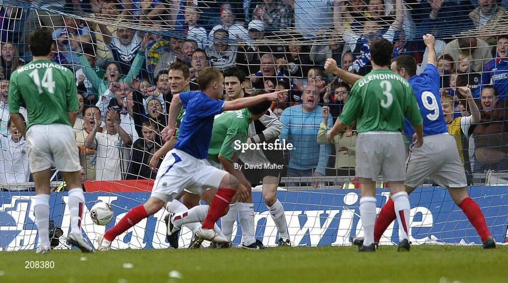 6 May 2006; Peter Thompson, Linfield, centre, turns to celebrate after scoring his side's second goal. Nationwide Irish Cup final, Glentoran v Linfield, Windsor Park, Belfast. Picture credit: David Maher / SPORTSFILE