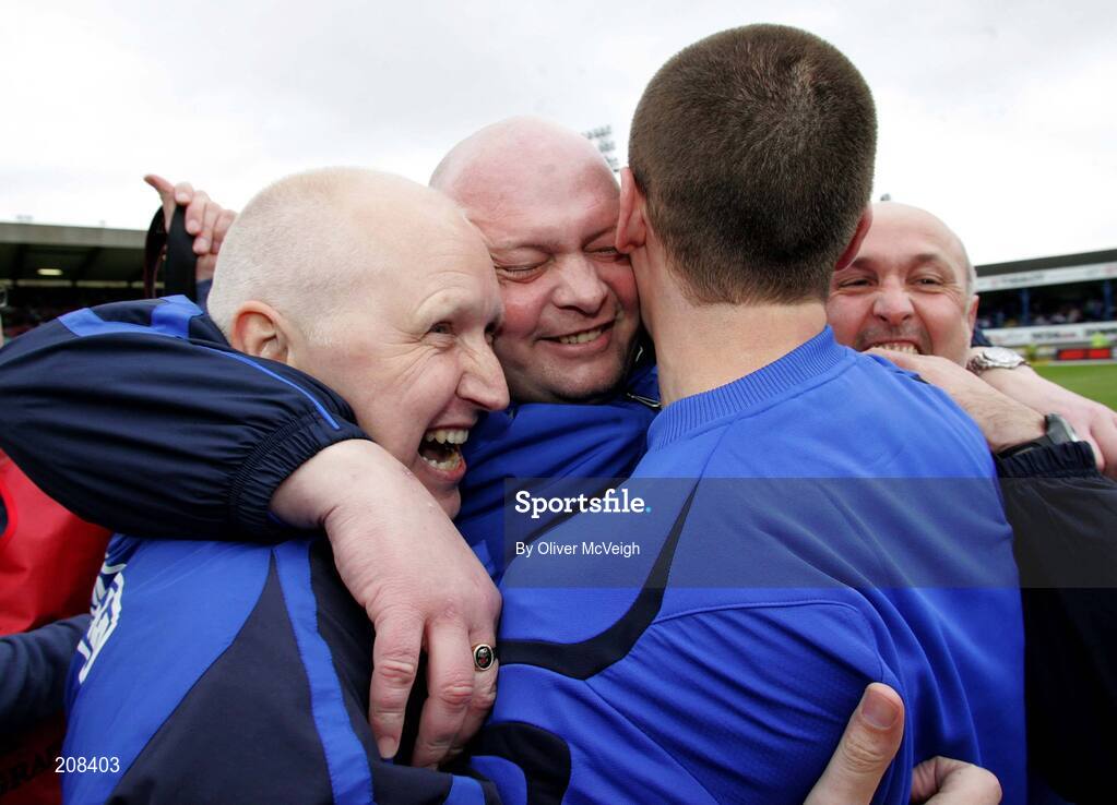 6 May 2006; Linfield manager David Jeffrey celebrates at the final whistle with his backroom team. Nationwide Irish Cup final, Glentoran v Linfield, Windsor Park, Belfast. Picture credit: Oliver McVeigh / SPORTSFILE