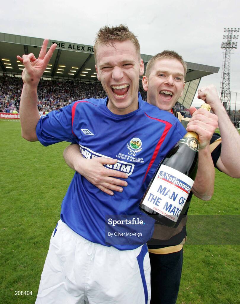 6 May 2006; Linfield's two goal hero Peter Thompson celebrates with his 'Man of the Match' bottle of champagne. Nationwide Irish Cup final, Glentoran v Linfield, Windsor Park, Belfast. Picture credit: Oliver McVeigh / SPORTSFILE