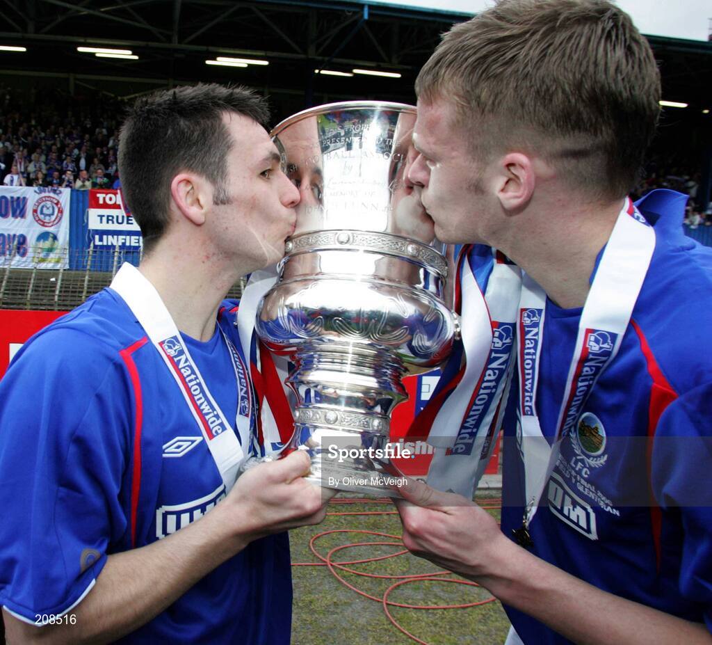 6 May 2006; Linfield's Jim Ervin and Peter Thompson with the cup. Nationwide Irish Cup final, Glentoran v Linfield, Windsor Park, Belfast. Picture credit: Oliver McVeigh / SPORTSFILE