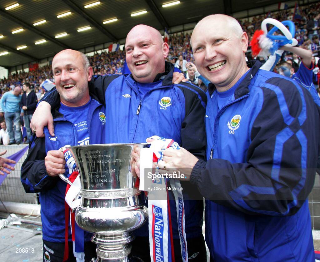 6 May 2006; Linfield's Alfie Wylie, David Jeffrey and Brian McLaughlin celebrate with the cup. Nationwide Irish Cup final, Glentoran v Linfield, Windsor Park, Belfast. Picture credit: Oliver McVeigh / SPORTSFILE