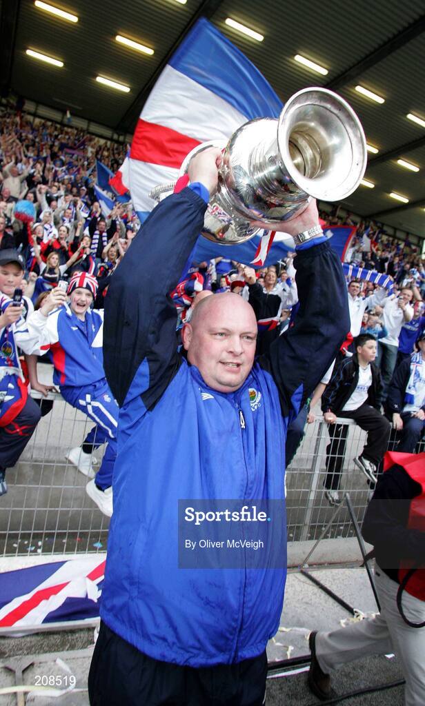 6 May 2006; Linfield's manager David Jeffrey celebrates with the cup. Nationwide Irish Cup final, Glentoran v Linfield, Windsor Park, Belfast. Picture credit: Oliver McVeigh / SPORTSFILE