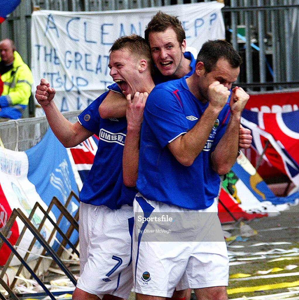 6 May 2006; Peter Thompson along with Tim Mouncey and Glen Fergusion, Linfield, celebrates after scoring his side's second goal. Nationwide Irish Cup final, Glentoran v Linfield, Windsor Park, Belfast. Picture credit: Oliver McVeigh / SPORTSFILE