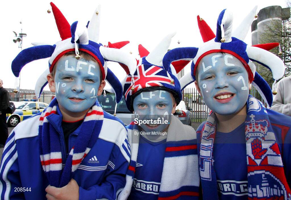6 May 2006; Linfield's supporters Thomas Kinner, Jordan Mc Kee and Gareth Courtney from Woodvale. Nationwide Irish Cup final, Glentoran v Linfield, Windsor Park, Belfast. Picture credit: Oliver McVeigh / SPORTSFILE