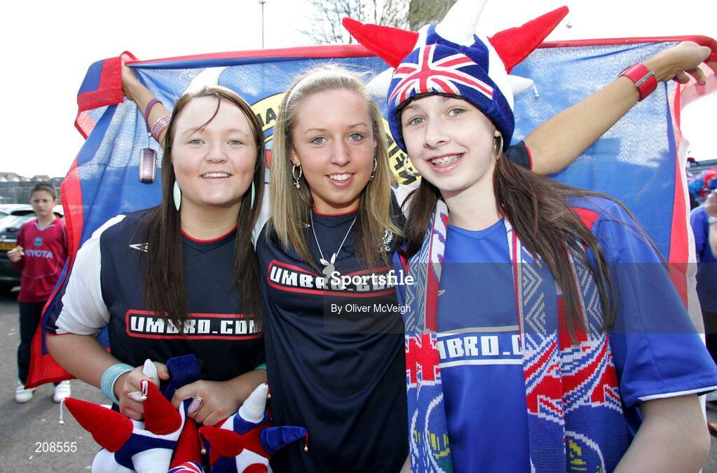 6 May 2006; Linfield's supporters Victoria Lenaghan, Marissa and Katrina Montgomery from Shankill. Nationwide Irish Cup final, Glentoran v Linfield, Windsor Park, Belfast. Picture credit: Oliver McVeigh / SPORTSFILE