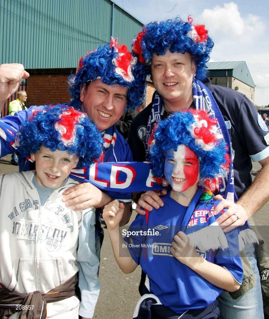 6 May 2006; Linfield's supporters Jordan and Michael Sloan, with Craig Hogg and Michael Magowan. Nationwide Irish Cup final, Glentoran v Linfield, Windsor Park, Belfast. Picture credit: Oliver McVeigh / SPORTSFILE
