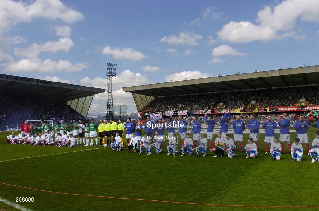 6 May 2006; Linfield and Glentoran team line up for the start of the game. Nationwide Irish Cup final, Glentoran v Linfield, Windsor Park, Belfast. Picture credit: David Maher / SPORTSFILE