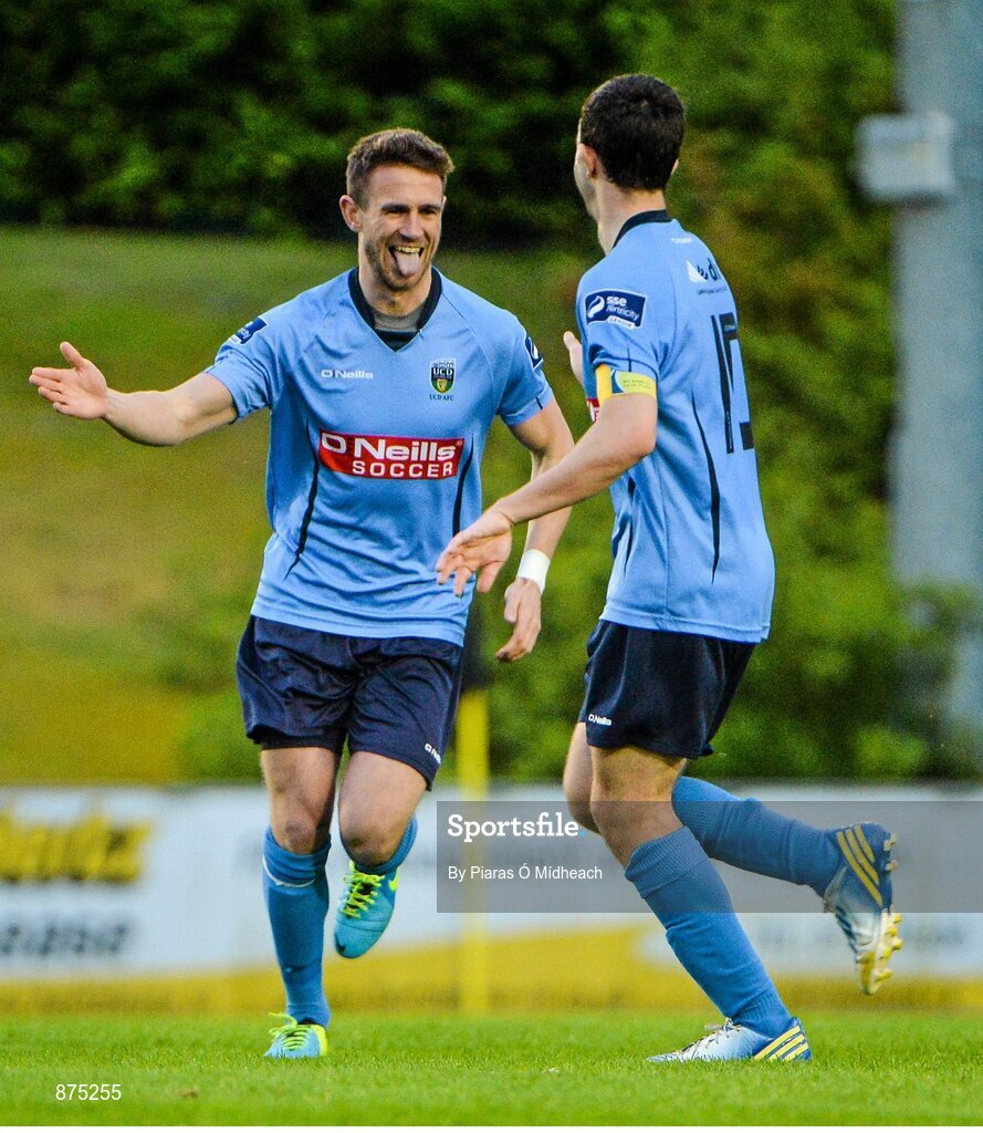 6 June 2014; Robbie Creevy, UCD, celebrates  with team-mate Robbie Benson, right, after scoring his side's first goal. FAI Ford Cup, 2nd Round, UCD v Galway, UCD Bowl, Belfield, Dublin. Picture credit: Piaras Ó Mídheach / SPORTSFILE