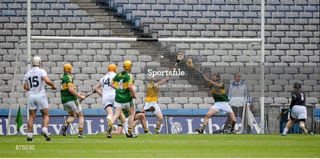 7 June 2014; Paul Dermody, 1, of Kildare, scores a penalty past the Kerry goalkeeper Tadhg Flynn during the Christy Ring Cup Final match between Kerry and Kildare at Croke Park in Dublin. Photo by Piaras Ó Mídheach/Sportsfile