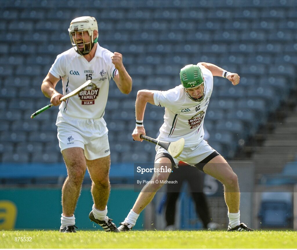 7 June 2014; Bernard Deay, right, Kildare, celebrates scoring his side's fourth goal with team-mate Ray McLoughney. Christy Ring Cup Final, Kerry v Kildare, Croke Park, Dublin. Picture credit: Piaras Ó Mídheach / SPORTSFILE