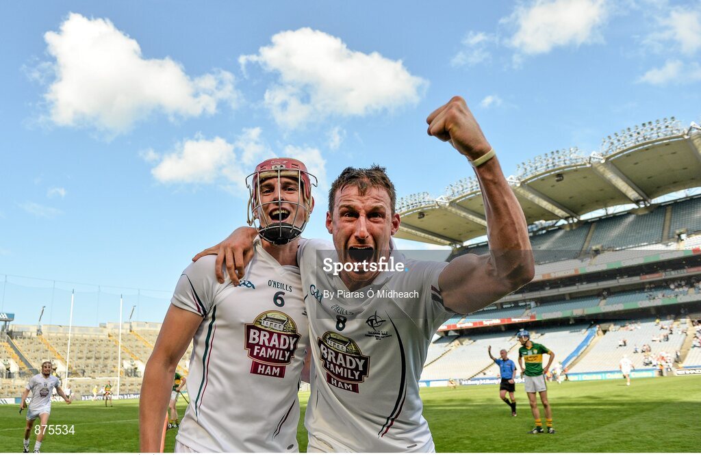 7 June 2014; Kildare's Mark Moloney, left, and Éanna Ó Neill celebrate at the final whistle. Christy Ring Cup Final, Kerry v Kildare, Croke Park, Dublin. Picture credit: Piaras Ó Mídheach / SPORTSFILE