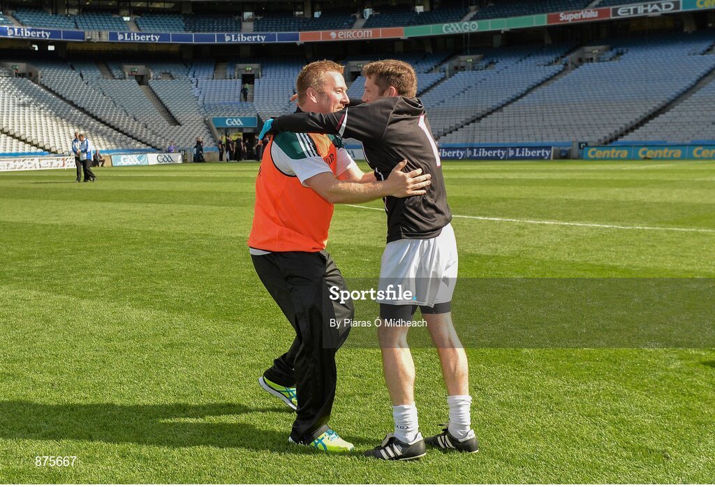 7 June 2014; Kildare manager Brian Lawlor, left, celebrates with Paul Dermody after the game. Christy Ring Cup Final, Kerry v Kildare, Croke Park, Dublin. Picture credit: Piaras Ó Mídheach / SPORTSFILE