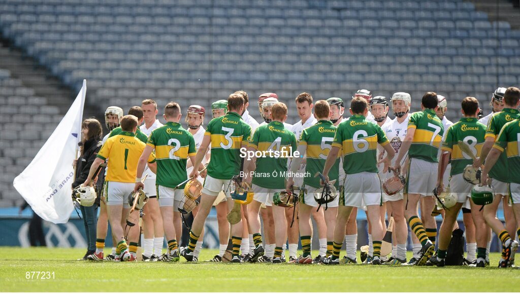 7 June 2014; The Kildare and Kerry players shake hands before the game. Christy Ring Cup Final, Kerry v Kildare, Croke Park, Dublin. Picture credit: Piaras Ó Mídheach / SPORTSFILE