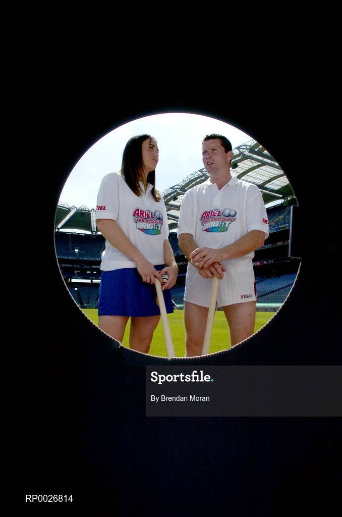 6 June 2006; Tipperary camogie captain Philly Fogarty in conversation with Galway hurler Damien Hayes at the launch of a new Official GAA promotion in association with Ariel. This summer, Ariel is giving away free training gear for kids all over Ireland through the new Ariel Championship Bright promotion. Croke Park, Dublin. Picture credit: Brendan Moran / SPORTSFILE