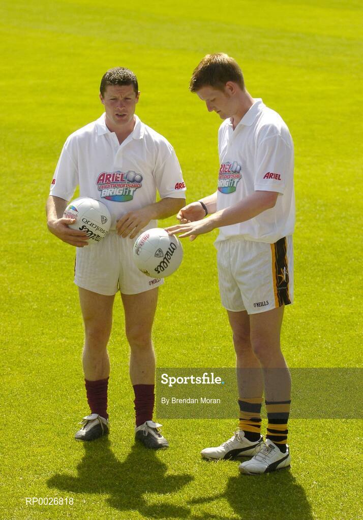6 June 2006; GAA star hurlers Damien Hayes, Galway, left, and Richie Power, Kilkenny, at the launch of a new Official GAA promotion in association with Ariel. This summer, Ariel is giving away free training gear for kids all over Ireland through the new Ariel Championship Bright promotion. Croke Park, Dublin. Picture credit: Brendan Moran / SPORTSFILE
