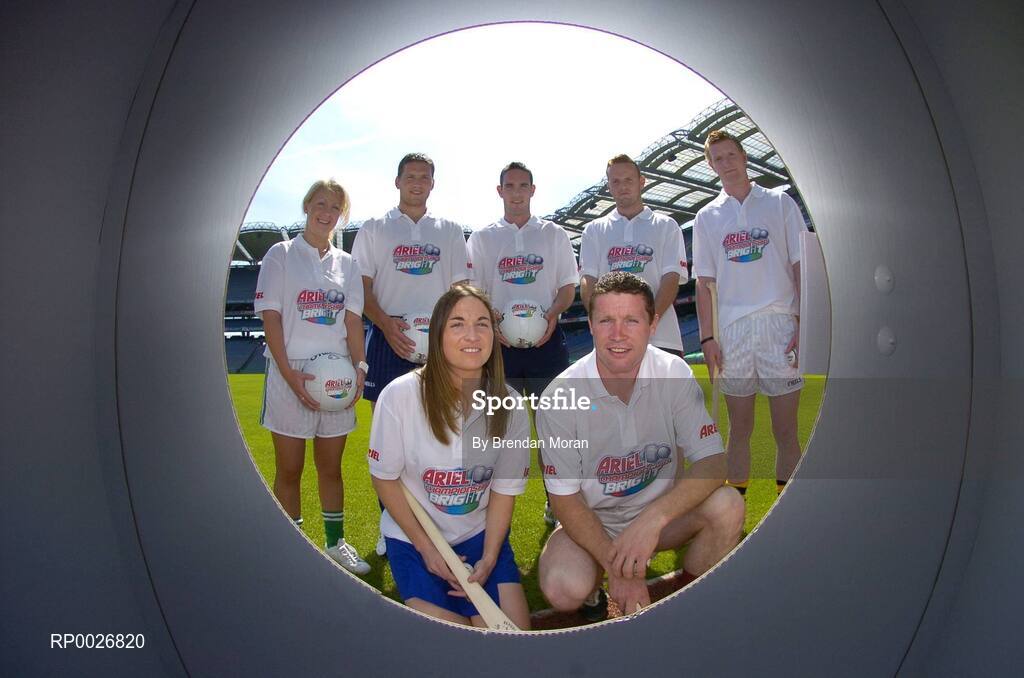 6 June 2006; GAA star players, back, from left, Geraldine Doherty, Meath, Conal Keaney, Dublin, Declan O'Sullivan, Kerry, Brendan Coulter, Down, and Richie Power, Kilkenny, with front, Philly Fogarty, left, Tipperary, and Damien Hayes, Galway, at the launch of a new Official GAA promotion in association with Ariel. This summer, Ariel is giving away free training gear for kids all over Ireland through the new Ariel Championship Bright promotion. Croke Park, Dublin. Picture credit: Brendan Moran / SPORTSFILE